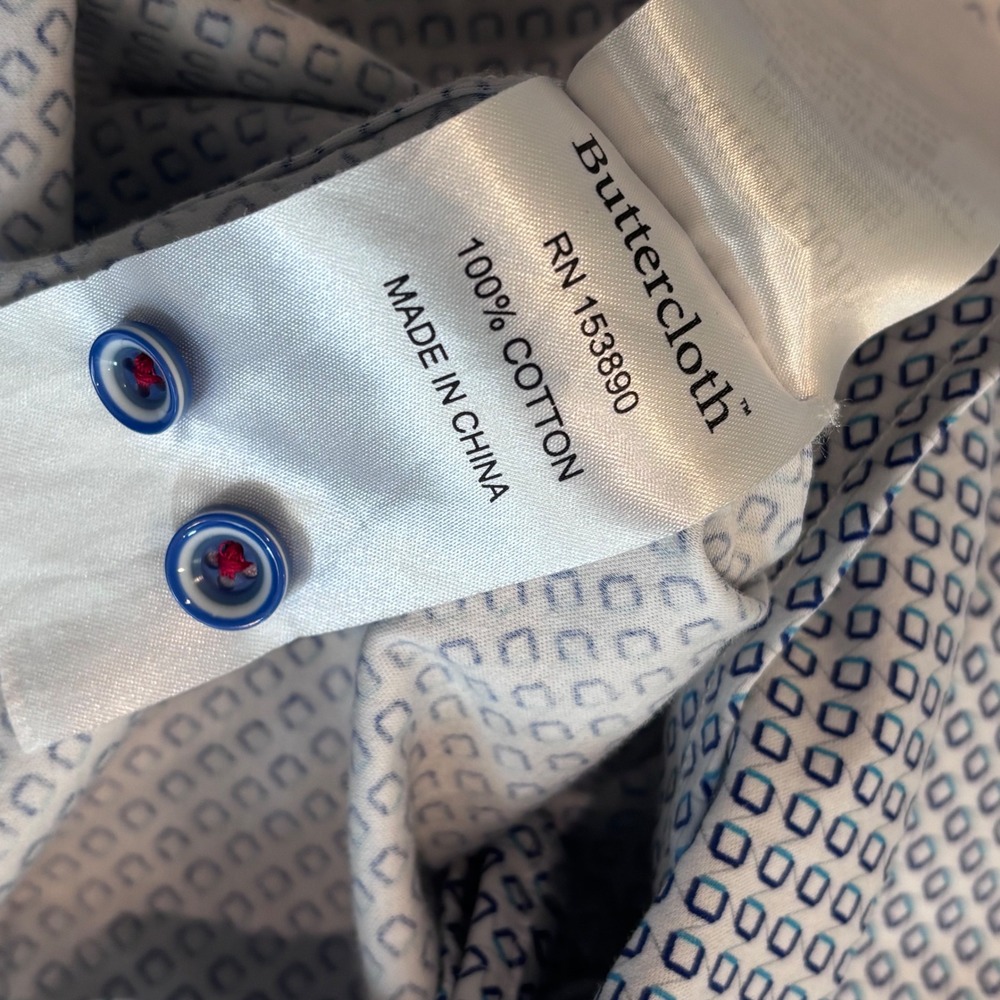 Buttercloth Button Down Shirt Mens 2X Tall White Blue Geometric Preppy Casual - Picture 6 of 9